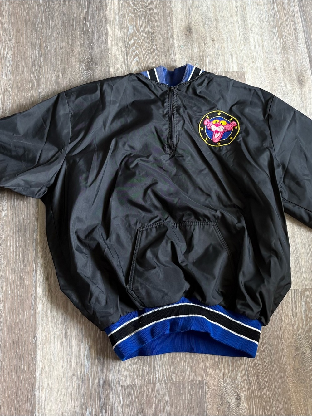 NHL Black Pullover Bomber Jacket with Blue Trim and Pink Panther Patch size m
